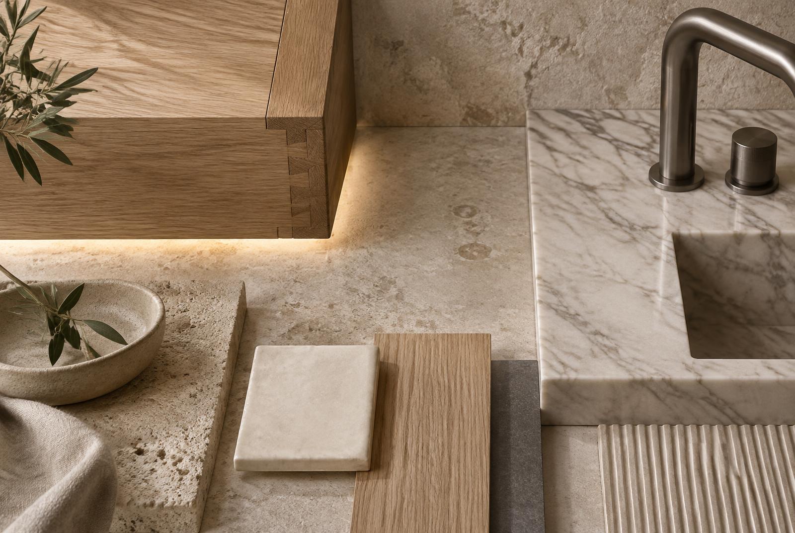 Selección de madera, piedra, mármol y grifería de alta calidad